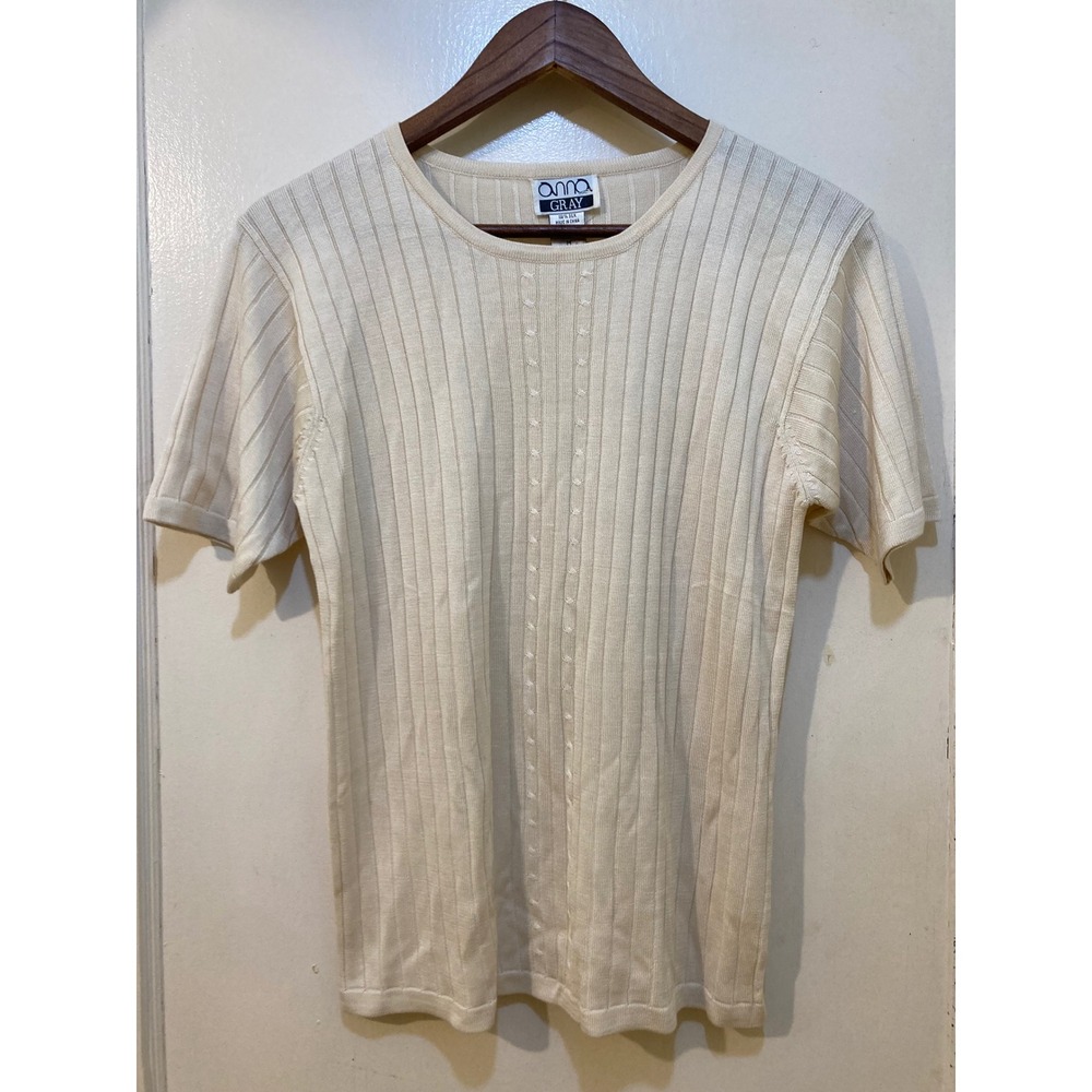 Anna Gray Women Sweater 100% Silk Ribbed Pointelle Short Sleeve Size M Old Money